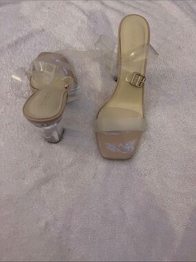 BAMBOO Clear Strap Nude Block Heel Sandals